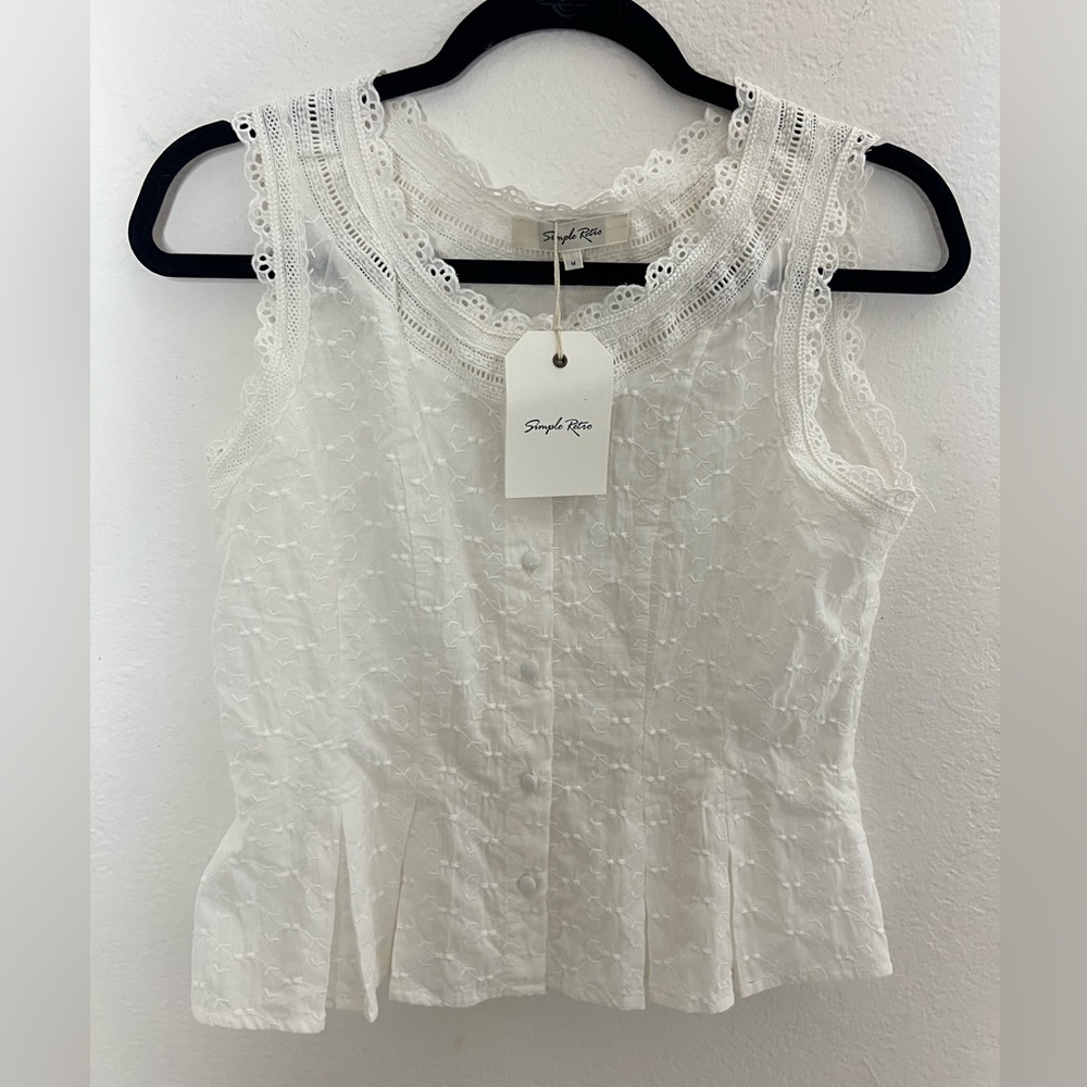 NWT Simple Retro Cotton White Lace Sleeveless Prairie Cottagecore Fairy Top